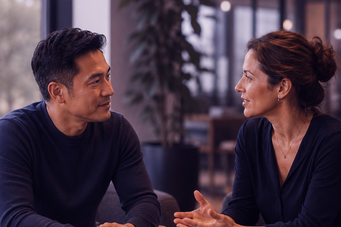 Two colleagues in an attentive one-to-one conversation
