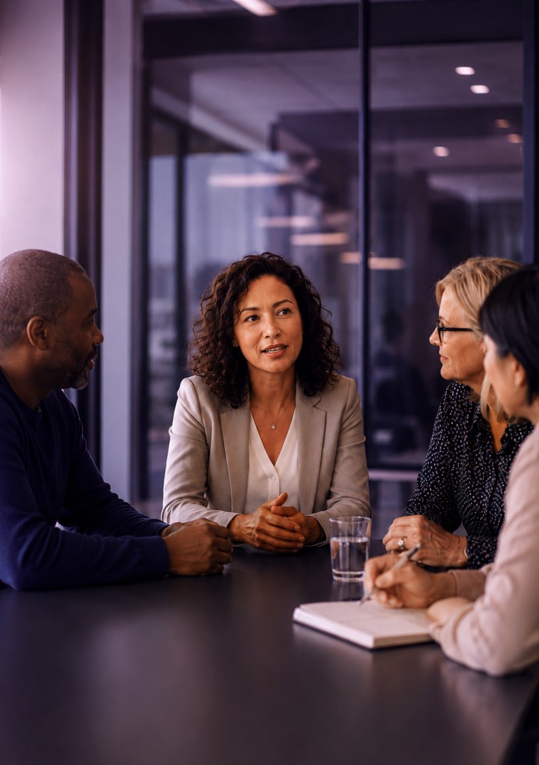 Four legal professionals in conversation around a meeting table